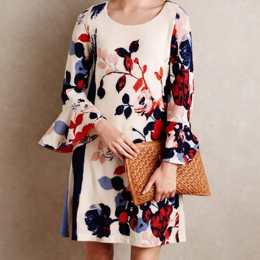 Anthropologie Maeve Floral Sheath Flutter Sleeve Red Blue Boho Dress Size XS
